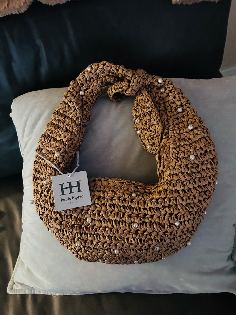 Haute Hippie Tan Woven Pearl-Embellished Shoulder Bag